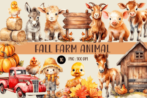 Charming Fall Farm Animal Watercolor PNG Clipart for Creative Projects