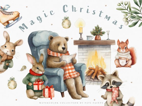 Christmas Animal Watercolor Nursery Set: Festive Design Assets