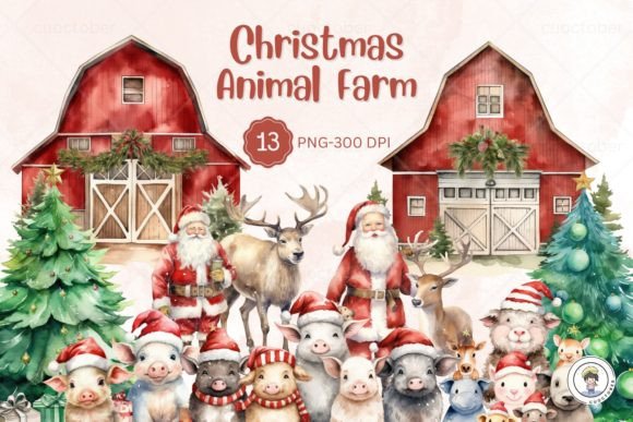 Watercolor Christmas Animal Farm Clipart: A Festive Design Asset