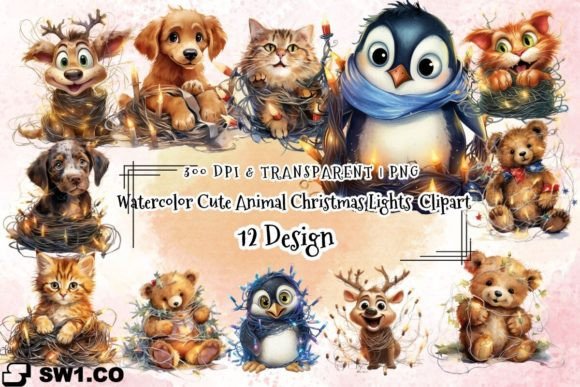 Watercolor Cute Animal Christmas Lights: A Festive Design Asset